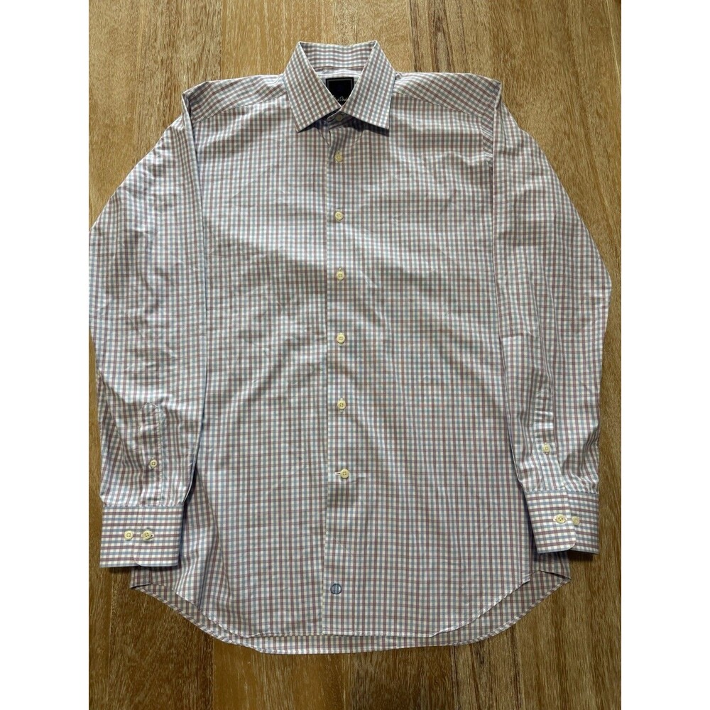 David Donahue Dress Shirt Mens 16.5 34/35 Plaid Blue Purple Trim Fit Cotton L